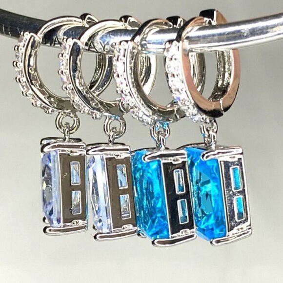 Rectangular Cubic Zirconias Dangle Drop Silver Plated Earrings - Picture 4 of 5